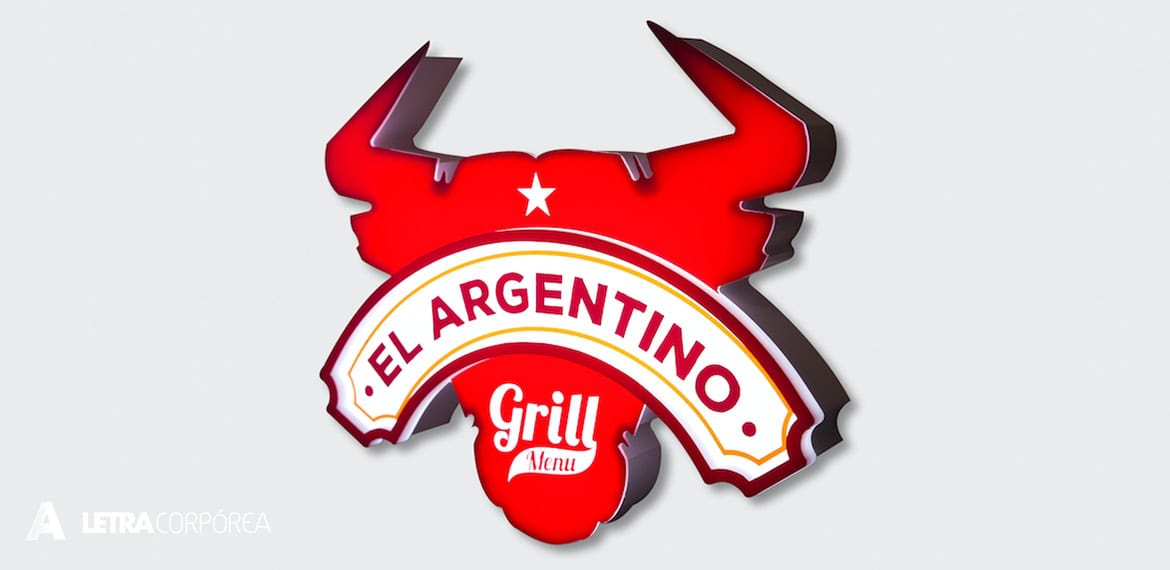 El argentino grill menú logotipo en 3D, diseño promocional para restaurantes y parrillas, con letras corpóreas en colores rojos y blancos, ideal para señalización y branding de negocios de comida en Argentina.
