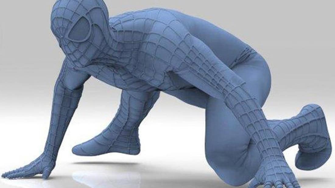 Esqueleto 3D de un superhéroe Spiderman en pose de crouching, modelo digital para impresión 3D, creación de figuras personalizadas, artesanía en impresión 3D, productos con tecnología avanzada.
