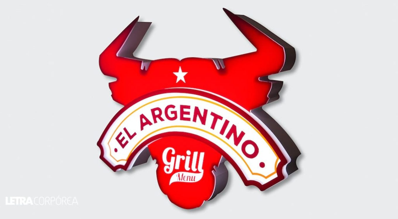 El argentino grill menú logotipo en 3D, diseño promocional para restaurantes y parrillas, con letras corpóreas en colores rojos y blancos, ideal para señalización y branding de negocios de comida en Argentina.