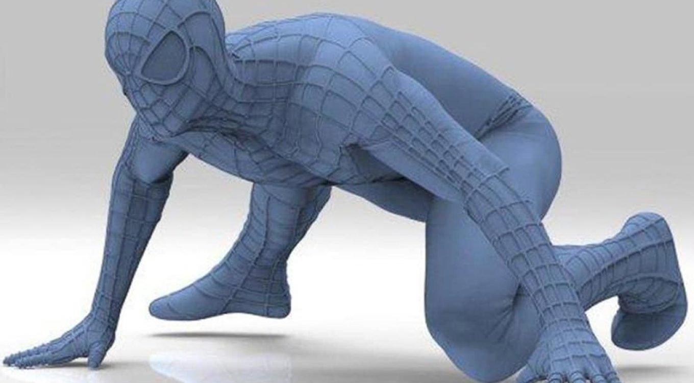Esqueleto 3D de un superhéroe Spiderman en pose de crouching, modelo digital para impresión 3D, creación de figuras personalizadas, artesanía en impresión 3D, productos con tecnología avanzada.